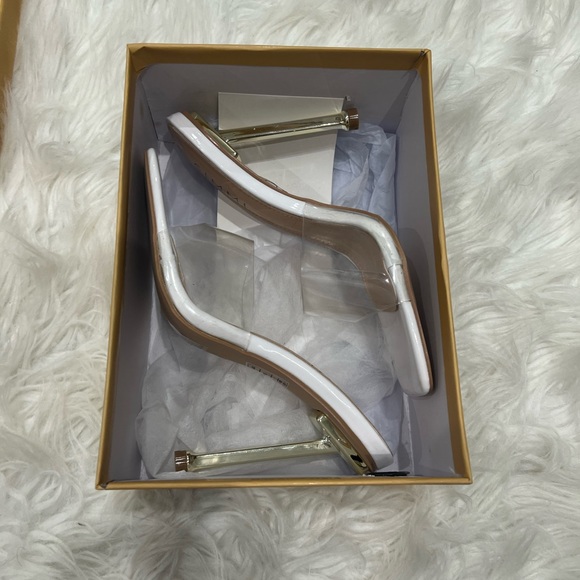 ALLIE White PATENT CLEAR SQUARE TOE STILETTO MULES - Picture 5 of 11